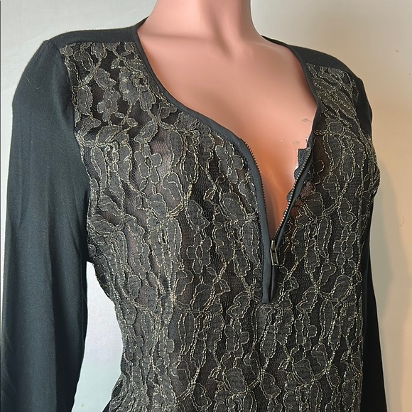MAURICES Women’s 4/4  Sleeve Gold Lace 1/2 Zip Blouse Top Shirt - Picture 2 of 8